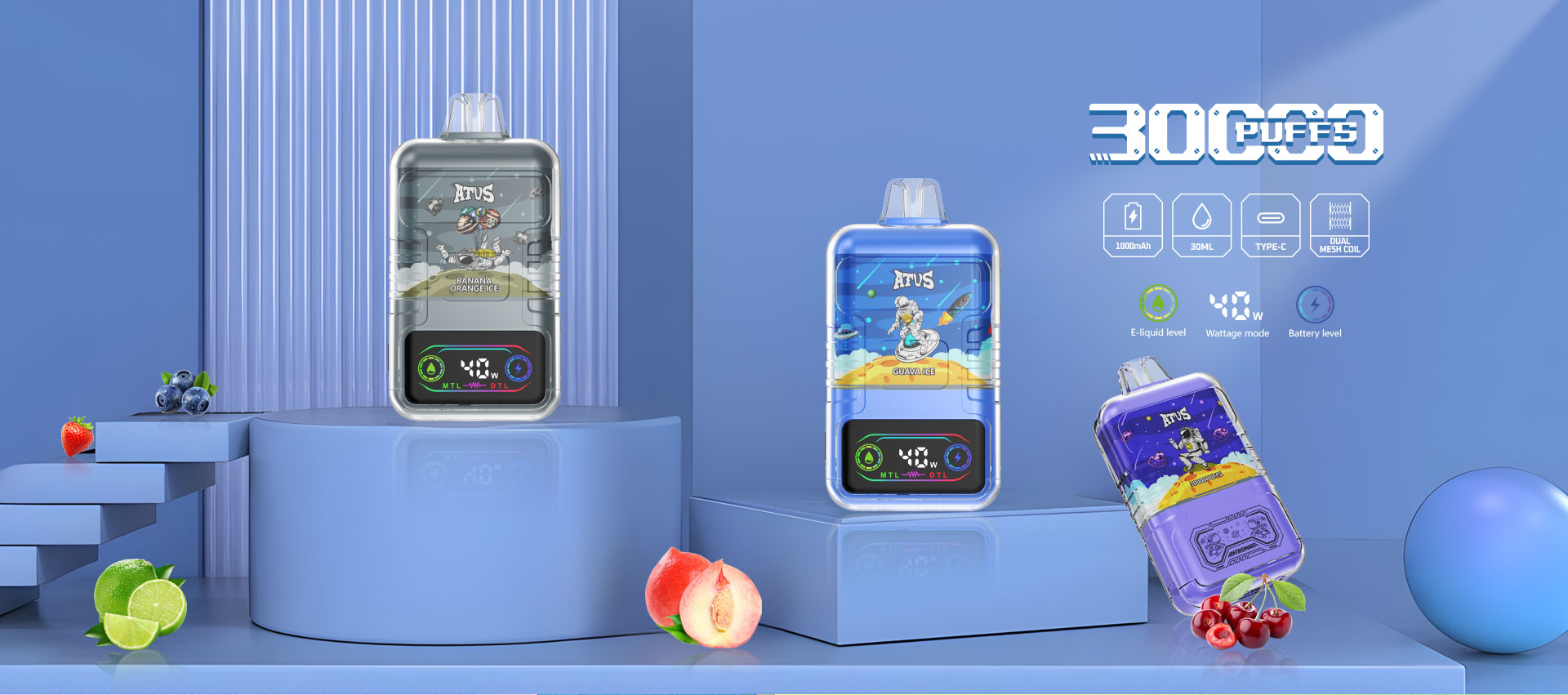 30000 Puffs Disposable Vape with LED display screen ATVS  30ml Vape Device Type C Rechargeable Disposable Kit vape israel
