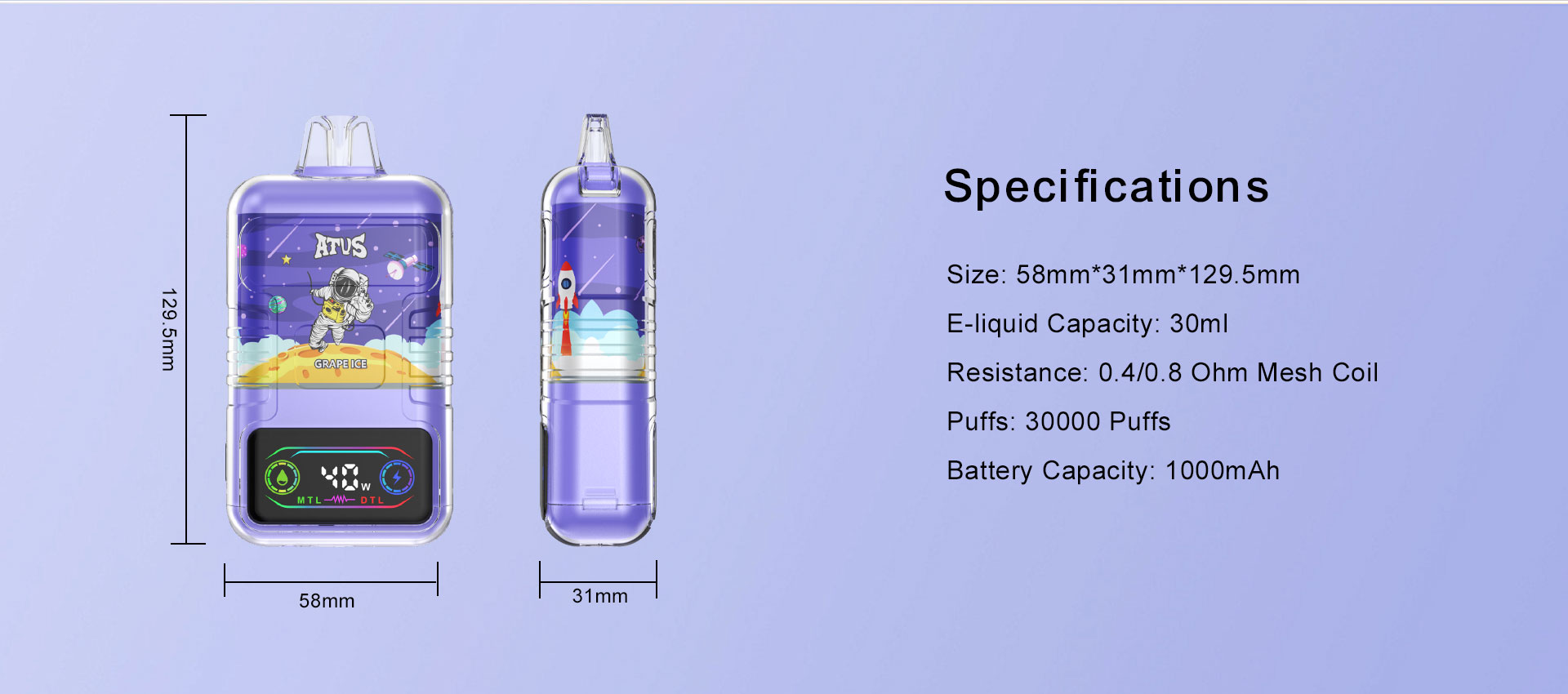 30000 Puffs Disposable Vape with LED display screen ATVS  30ml Vape Device Type C Rechargeable Disposable Kit vape israel