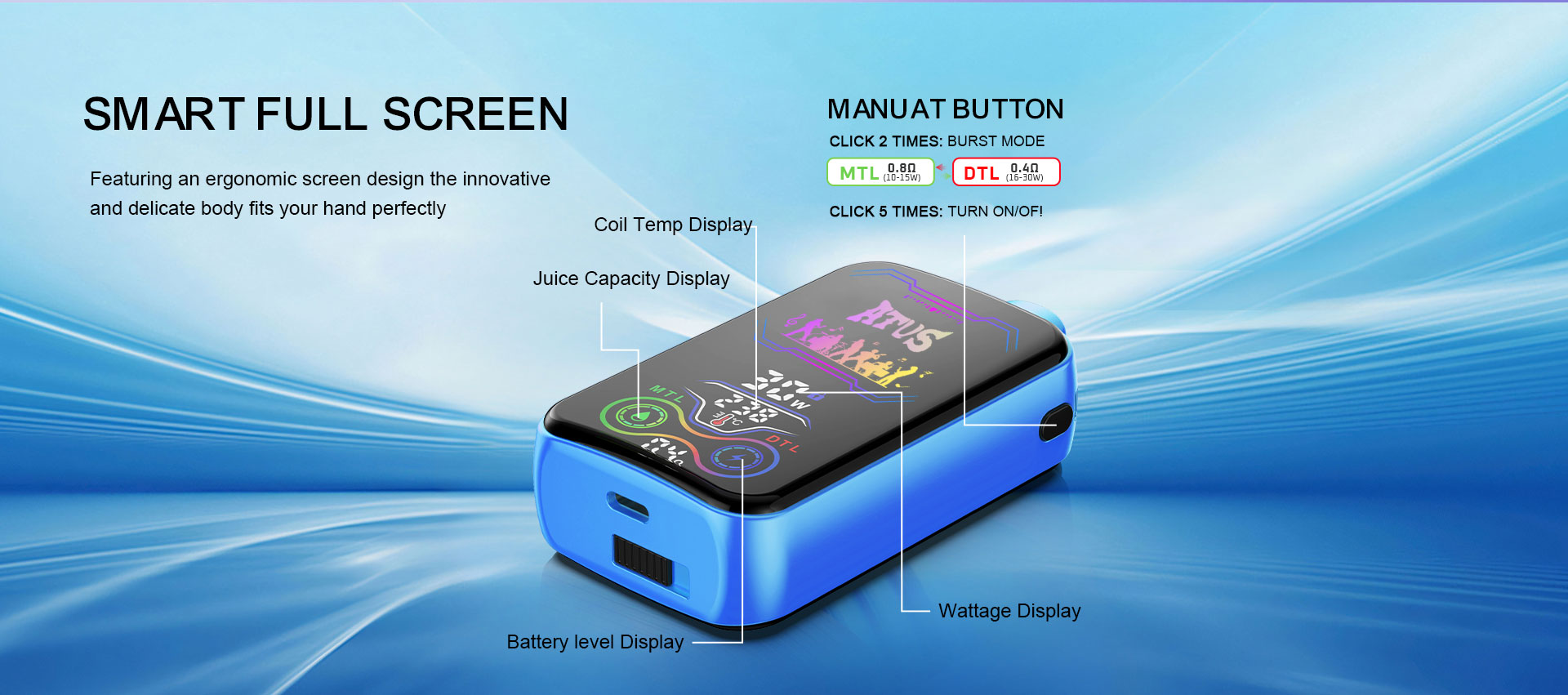 25000 Puffs Disposable Vape with Full screen rechargeable ATVS ATUS  0% 2%  Nic Adjustable airflow Disposable Vape vape wholesale australia vape pen price