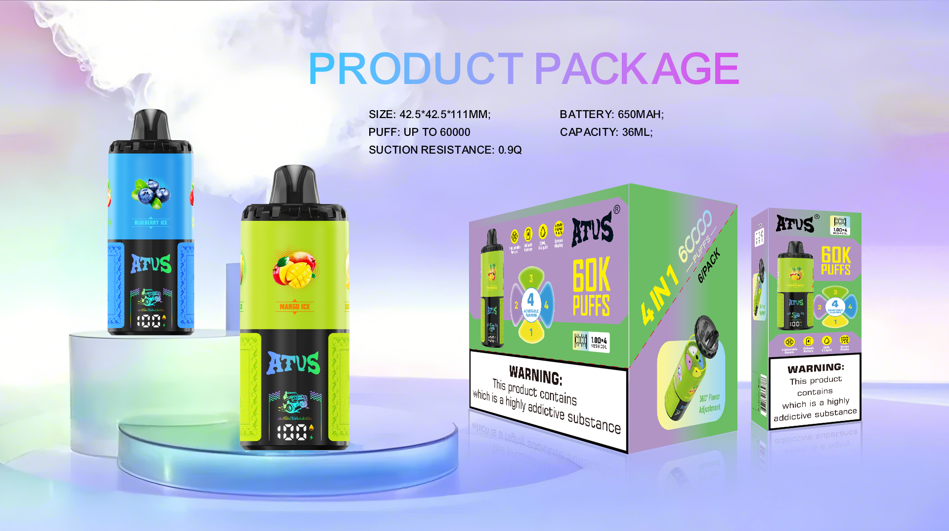 DE030 60000 Puffs Disposable Vape with Smart screen display and Quick charge adjustable flavor ATVS Vape
